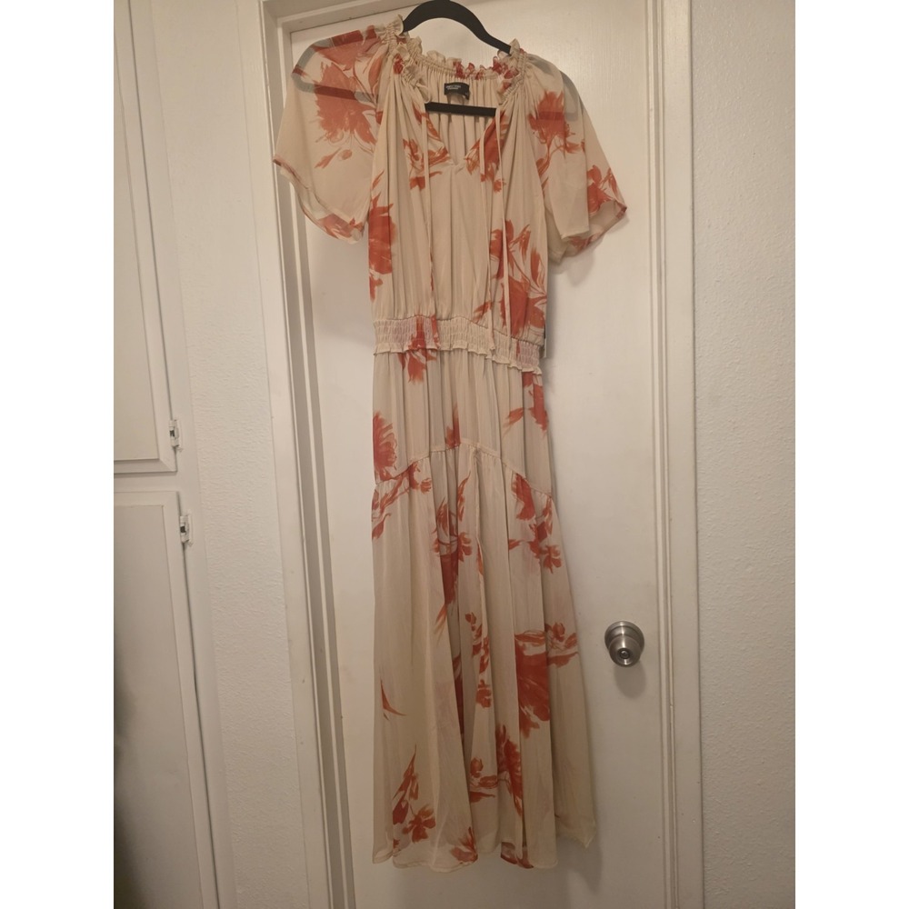 Vera Wang Beige Coral Floral Maxi Dress Smocked Boho Cottagecore Garden Beach XS